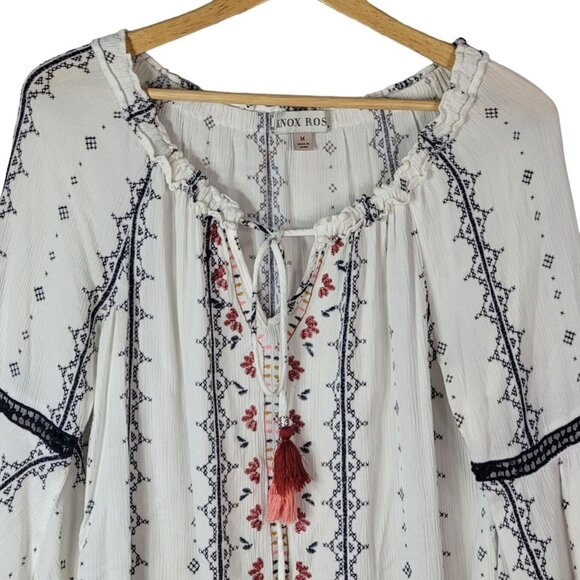 Knox Rose Boho Top Medium Tassel Tie 3/4 Bell Sleeve Flared V Neck Embroidered - Picture 2 of 9